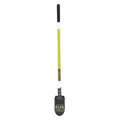 This Hercules pattern post hole digger features a steel blade and a 48-inch fiberglass handle. It is used for manually digging holes for fence posts, signposts, and other outdoor structures in soil and light clay.