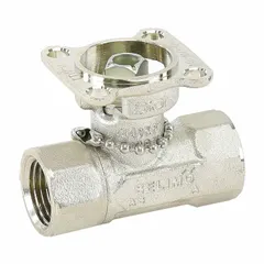 2-way characterized control valve body for modulating water flow in HVAC systems. Features 1/2 in female NPT connections, 1.2 CV flow coefficient, and 200 psi close-off rating. Constructed with a stainless steel ball and brass body. Supplied without actuator.