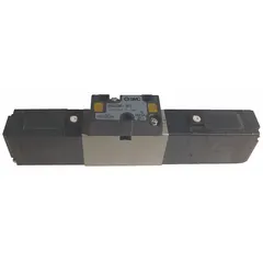 Five-way, two-position directional control valve with double solenoid, spring return, and non-locking operation. Operates on 110V AC with internal pilot and plug-in design. Used to direct compressed air in pneumatic systems for actuating cylinders and other industrial equipment.