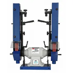 This benchtop belt machine is powered by a 1.5 hp single-phase motor and accepts 2 in wide, 72 in long belts. It is suited for grinding, deburring, and finishing operations on metal, plastic, and wood workpieces in fabrication and maintenance settings.