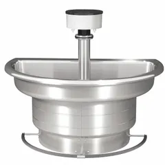 This BRADLEY wash fountain is a semi-circular stainless steel unit with four stations, designed for foot-operated push bar activation. It features a central rising drain supplied from above and a 54-inch overall width. Suitable for commercial restrooms and industrial settings where multiple users require simultaneous handwashing.
