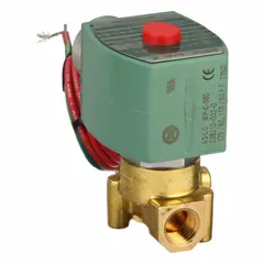 This REDHAT solenoid valve is a 2-way, 2-position normally closed type for on/off flow control. It features a 1/4 in pipe size and operates on 110V AC (120/60, 110/50). The valve is designed for high flow applications in fluid handling systems.