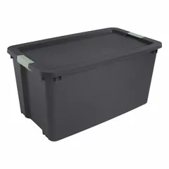 This 45-gallon plastic storage tote features a black body and latch-on lids for secure closure. Measuring 36 1/8 x 21 x 18 5/8 inches, it is suitable for organizing bulk parts, supplies, or inventory in warehouses, workshops, and manufacturing facilities.