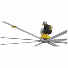 Industrial HVLS ceiling fan with 12 ft blade diameter for large-space air movement. Operates on 200 to 240V AC single-phase power at 20 A with variable speed control. No light kit included. Suitable for warehouses, factories, and distribution centers.