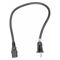 This 2 ft power cord features a 5-15P plug and C13 receptacle, with SJT cable and PVC jacket. Rated for 15 A current, it is used to connect electronic equipment such as computers, monitors, and printers to a standard wall outlet.
