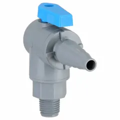 This 3/8 in manual two-way ball valve features a PVC angle body with MNPT x Barb connections and a full-port ball port. It is used for on/off flow control in low-pressure fluid systems where corrosion resistance is required, such as water treatment, chemical processing, and irrigation.