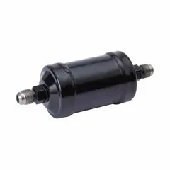 Steel shell filter drier for 13.4 ton refrigeration systems. Uses desiccant core to remove moisture, acids, and contaminants from HFO refrigerant circuits. Measures 9.8 inches in length. Compatible with HFO refrigerant groups.