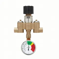 Thermostatic mixing valve for emergency fixture applications, constructed of brass with NBR seals and NPT connections. Includes a dial thermometer for temperature monitoring. Designed to blend hot and cold water to a controlled temperature for safety in commercial and industrial settings.