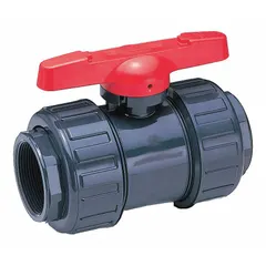 This manual two-way ball valve is made of PVC with socket x socket connections. It is rated for a maximum pressure of 150 psi CWP. Used to start, stop, or redirect flow in industrial piping systems handling water, chemicals, or corrosive fluids.
