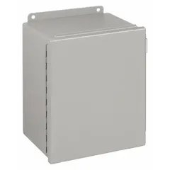 This steel enclosure measures 6 x 4 x 4 inches and is rated NEMA 12/13 for protection against dust, dirt, and dripping non-corrosive liquids. It features a solid hinged cover secured by screws. Knockouts are not included. Typical applications include housing electrical controls, terminals, and instruments in industrial environments such as machine tools and manufacturing floors.