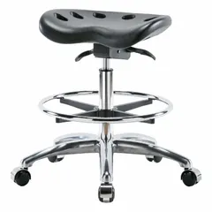 Polyurethane Lab Stool, Black, 20-28 in Height, 17 in Seat Width, 14 in Seat Depth, Aluminum Base with 5 Casters, Foot Support