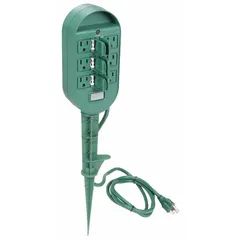 Extension cord with power stake featuring a 6 ft 14/3 SJTW cord, NEMA 5-15P plug, six outlets, and 15 A rating. Includes a radio transmitter that activates the transceiver module through walls for remote switching. Suitable for indoor or outdoor power distribution where remote control is needed.