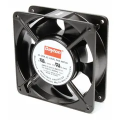 Standard square axial fan with polybutylene terephthalate blades. Delivers 70 to 76 cfm airflow at 0.000 in static pressure. Measures 4 11/16 in height by 1 1/2 in depth. Features terminals with IP20 rating for wiring protection. Used for cooling or ventilation in electrical enclosures, control panels, and industrial equipment.