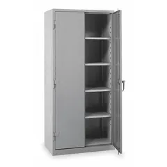 Welded steel cabinet with gray powder-coated finish. Includes three adjustable shelves and legs. Swing handle with padlock hasp for security. Suitable for storage of tools, parts, and equipment in workshops, warehouses, and manufacturing facilities.