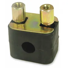 Steel clamp body with ribbed bore and polypropylene cushion for single-line installations. Designed to secure and dampen vibration in hydraulic or pneumatic tubing, reducing noise and wear in industrial fluid power systems.