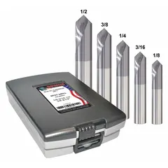 This 5-piece set of solid carbide spotting drills features a 140° point angle and AlTiN coating for heat resistance. Sizes range from 1/8 in to 1/2 in. Spotting drills create a precise dimple to guide twist drills, reducing wander and improving hole accuracy in machining operations.