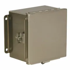 This WIEGMANN enclosure is constructed from 304 stainless steel with a solid hinged cover secured by clamps. It measures 12 x 12 x 6 inches and is rated NEMA 12, 13, 4, and 4X for protection against dust, water, and corrosion. No knockouts are included. Typical applications include housing electrical controls, terminals, and instruments in indoor or outdoor environments requiring corrosion resistance.