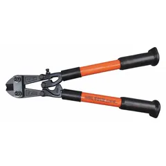 KLEIN TOOLS heavy-duty bolt and chain cutters with fiberglass handles and red finish. Rated for cutting soft steel up to 3/8 in diameter and medium steel up to 3/8 in diameter. Suitable for cutting bolts, rods, and chain links in construction and industrial applications.