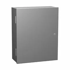 This NEMA 1 steel enclosure with a hinged solid cover measures 30 x 20 x 9 inches. It features a painted finish and a 1/4-turn latch closure. Designed for indoor use, it protects electrical controls, terminals, and instruments from dust and light impact in dry environments.