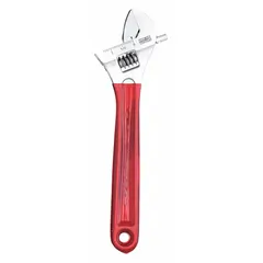 General purpose adjustable wrench with chrome finish and plastic handle. Overall length 10 inches, jaw capacity 1 5/16 inches. Used for turning nuts, bolts, and fittings in maintenance and repair tasks.
