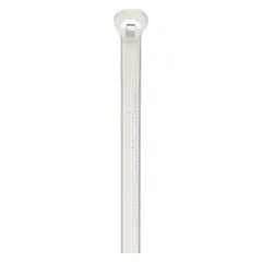 Natural nylon cable tie for indoor bundling and securing wires, cables, or hoses. Nominal length 14-1/2 inches, width 0.14 inches, maximum bundle diameter 4 inches. Pack of 1000. Not for outdoor use.