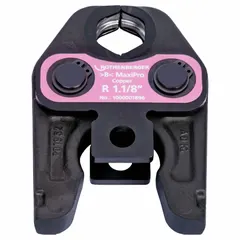 Steel press jaw for 1-1/8 in copper pipe, designed for use with standard press tools and the MaxiPro tool system. Used to create secure press connections in plumbing and HVAC piping systems.