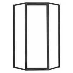 Framed neo-angle shower door for corner installations. Overall height 70 in, fixed panel width 18 1/2 in, maximum door width 24 in. Finish: Oil Rubbed Bronze.