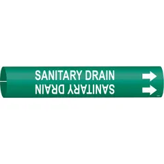 This snap-on pipe marker identifies sanitary drain lines in industrial piping systems. It features a green background with white legend text and directional arrows. Designed for pipe outer diameters of 4 to 6 inches, it is supplied as a single marker for clear pipe content identification.
