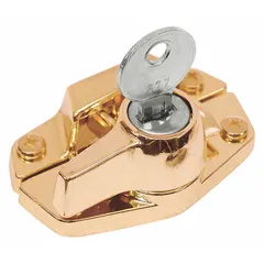 This non-handed sweep lock is designed for double-hung windows, mounting on the sash to secure the window in a closed position. It includes a handle and features a silver finish with brass plated enamel. Overall length is 1 inch.