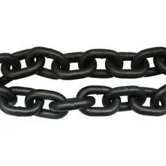 This Grade-80 lifting chain is made of alloy steel with a straight link design. It has a working load limit of 3,500 lb and is used in industrial rigging and overhead lifting applications for securing heavy loads.