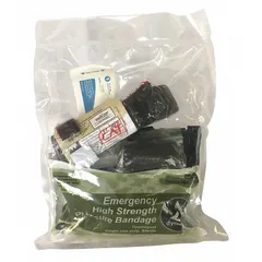 Plastic-housed bleeding control kit serving one person. Contains 10 components including a gauze roll wound dressing. Sold as a 5-pack for use in first-aid stations and emergency response.
