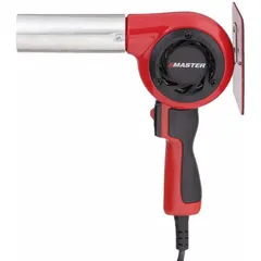 Pistol-grip heat gun for 220V-240V supply, operating on 230V AC at 9 A with a three-prong plug. Includes one bare tool and one stand. Used for shrink tubing, paint stripping, thawing pipes, and bending plastics.