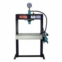 This manual H-frame hydraulic press from PALMGREN delivers up to 5 tons of force for pressing, bending, straightening, and assembly tasks in metalworking and maintenance operations. The hand-pump actuated system provides controlled pressure for removing bearings, pressing bushings, and other industrial applications.