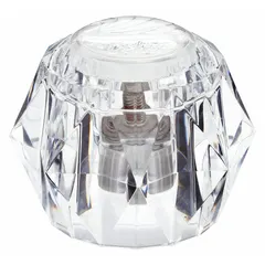 Plastic knob faucet handle with clear finish, designed for hot/cold water applications. Includes set screw for installation. Compatible with Delta 601, 602, 606*, 611*, 612, 621, 622, 635, 636, 641, and 642 series faucets.