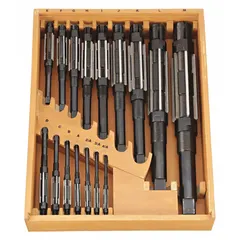 This 16-piece set of straight-blade adjustable hand reamers covers diameters from 3/8 in to 2 7/32 in. Designed for manual precision sizing and finishing of pre-drilled holes in metal, wood, or plastic. Commonly used in repair, tool-and-die, and general machining applications to enlarge or align holes to exact tolerances.
