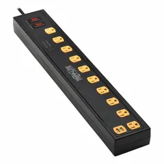 Desktop surge protector with 10 outlets, 6 ft power cord, and 1350 J surge energy rating. Provides 2.4 A current protection for connected equipment. Suitable for protecting electronics in workstations, labs, and similar environments.