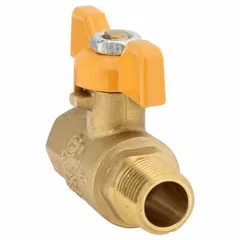 This brass ball valve features a straight body with full port ball port for minimal flow restriction. It has 3/8 in male NPT x female NPT end connections and a tee handle for manual on/off control. Suitable for use in plumbing and industrial piping systems handling water, oil, or gas.