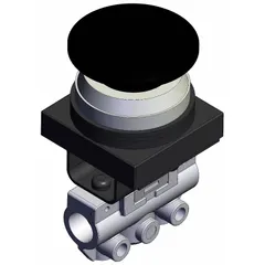 3-port manual air control valve with 1/8 in NPT ports, mushroom button actuator, and side-ported body in black. Used in pneumatic systems for manual start, stop, or redirection of airflow.