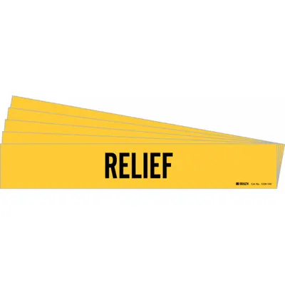 BRADY Pipe Marker: Relief, Yellow, Black, Fits 8 in and Larger Pipe O.D., 1 Pipe Markers - Relief Adhesive Pipe Markers