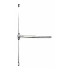 Surface-mounted vertical rod exit device with touchbar, finished in chrome. Designed for doors up to 4 ft wide, providing vertical rod latching for egress applications in commercial and industrial settings.