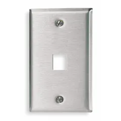 This 1-gang, 1-port keystone wall plate is constructed of stainless steel with a gray finish. It features a flat module style and a vertical outlet orientation, designed to accept standard keystone jack modules. Suitable for use in structured cabling installations where a durable, corrosion-resistant faceplate is required.