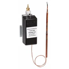 This pneumatic temperature transmitter is a direct-acting, flange-mounted unit with a remote bulb element. It senses temperature from 50°F to 150°F and outputs a proportional pneumatic signal with a supply pressure range of 20 psi to 25 psi. The 1/8 in barb air connection facilitates easy installation in HVAC and industrial process control systems for regulating valves or actuators.