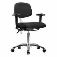 This ISO 5 cleanroom task chair features a vinyl seat and backrest with an aluminum base, minimizing particle shedding in controlled environments. It includes arms, an adjustable height range of 21 1/2 in to 29 in, and an 18 1/2 in seat width. The back tilts 10.5° forward and 13.5° backward. Not ESD safe and without foot support