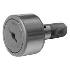 Stainless steel stud cam follower with 1-1/8 in diameter, single row, double sealed, hex socket flat design. Suitable for linear motion systems, cam actuation, and conveyor tracks requiring corrosion resistance.