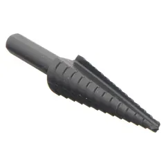 This step drill bit is made of high-speed steel with a black oxide finish for heat resistance and durability. It drills stepped holes in sheet metal, plastic, and thin materials. The 3-flats shank provides secure grip in the chuck. Size range: 1/8" to 1/2".