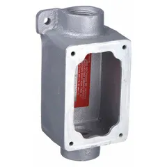 Iron feed-through mounting body for hazardous locations. 1-gang enclosure with 1-inch hub and overall height of 6 5/16 inches. Used to house electrical connections in environments where explosive gases or combustible dust may be present.