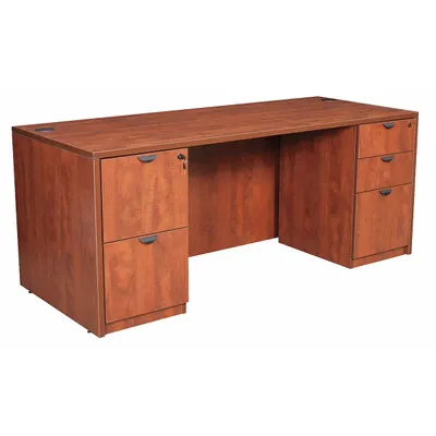 REGENCY Office Desk: Melamine, Cherry, 2 Pedestals, 5 Drawers, 71 in Overall Wd - Pedestal Desks