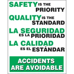 This 22 by 17 inch poster communicates safety priorities in Spanish. It features a clear film laminate protective coating for durability. The poster does not include a frame or write-on surface. Suitable for use in industrial facilities to reinforce safety messages.