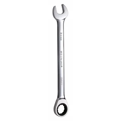 WESTWARD Combination Wrench: Alloy Steel, Chrome, 34 mm Head Size, 18 in Overall Lg - Metric 12-Point Ratcheting Combination Wrenches