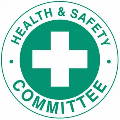 Non-reflective circle label for identifying health and safety committee members on hard hats. Diameter 2 inches, printed in English. Pack of 4 labels. Suitable for use in industrial environments to designate personnel responsible for safety oversight.
